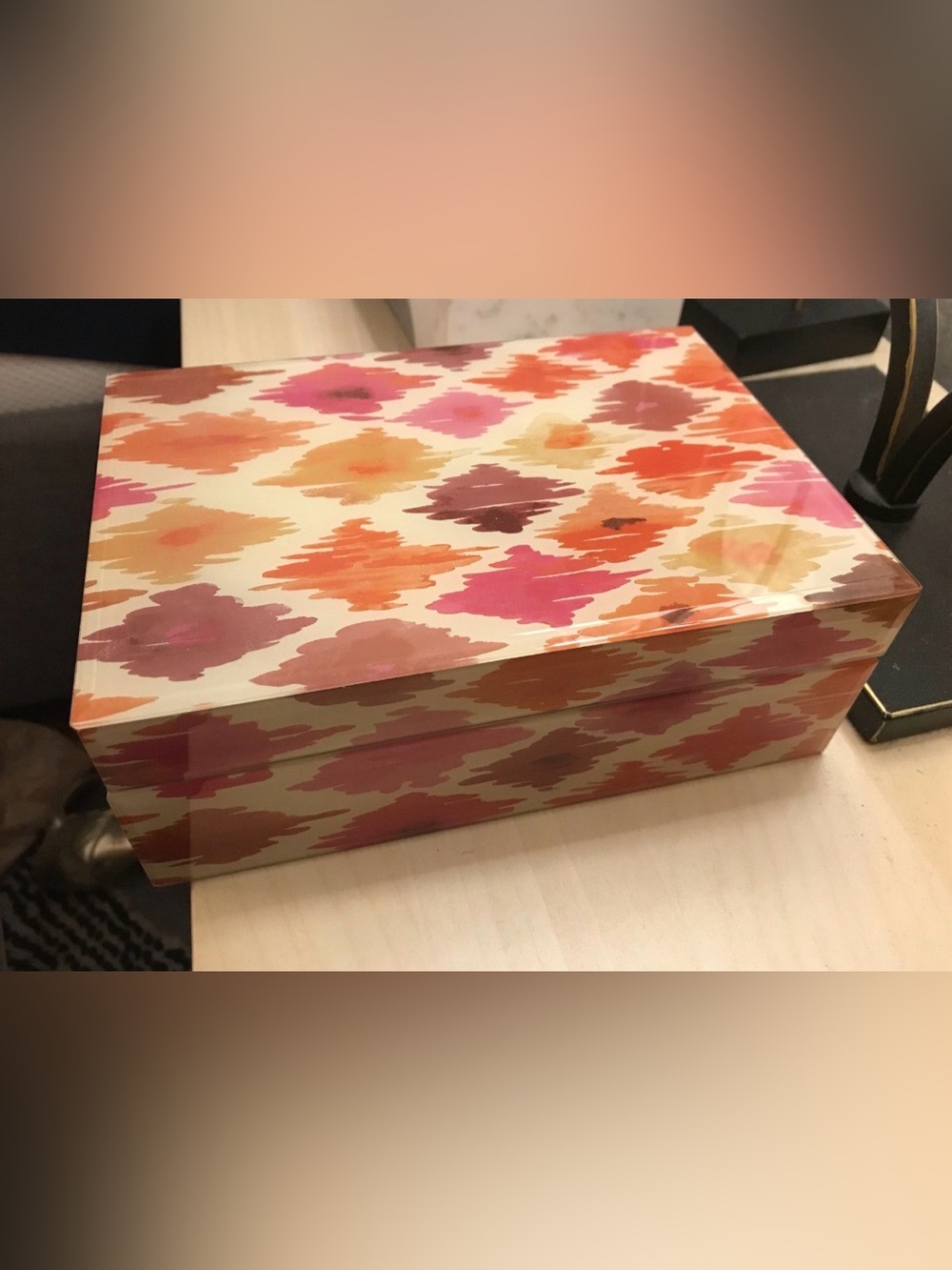 New West Elm Floral Watercolor Pattern Jewelry Storage Box in Pink and Orange
